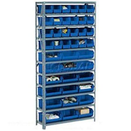 GLOBAL EQUIPMENT Steel Open Shelving with 21 Blue Plastic Stacking Bins 6 Shelves - 36x12x39 603243BL